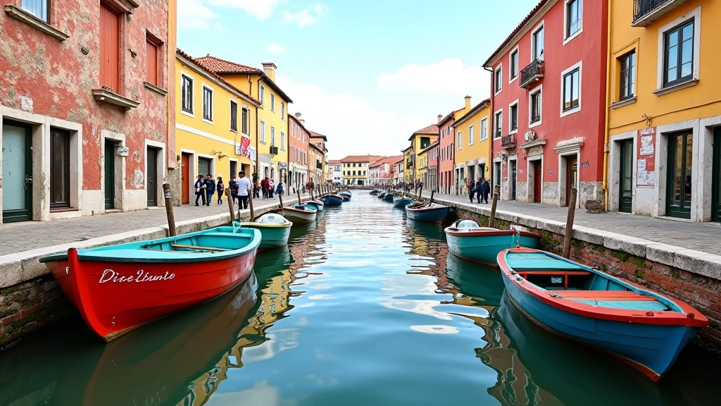 Aveiro canal waterfront with colorful boats and traditional moliceiro boats on water