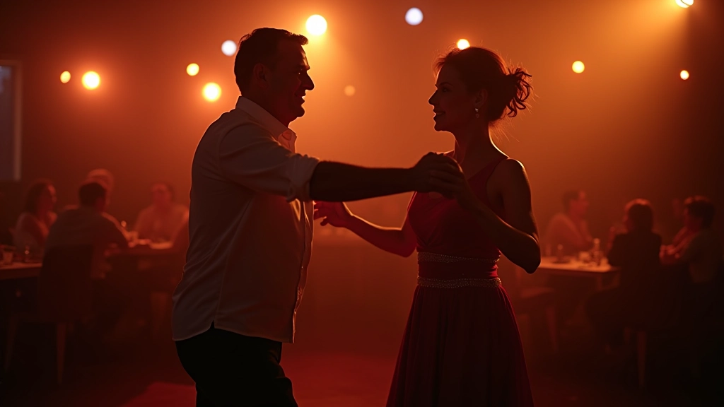 Mature dancers enjoying a vibrant salsa social event in Portugal with colorful lights and music