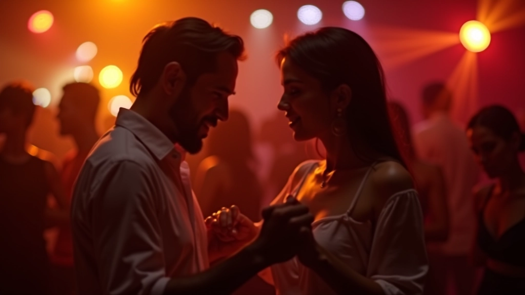 Dancers on a salsa dance floor, couples in mid-dance with focused expressions