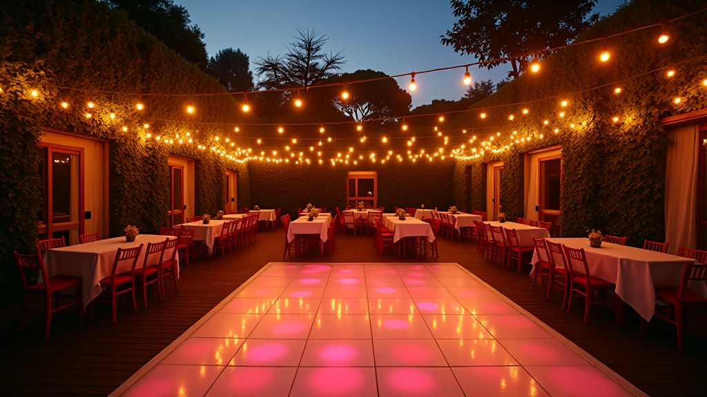 Group of mature dancers gathered on a summer terrace with lights and music equipment