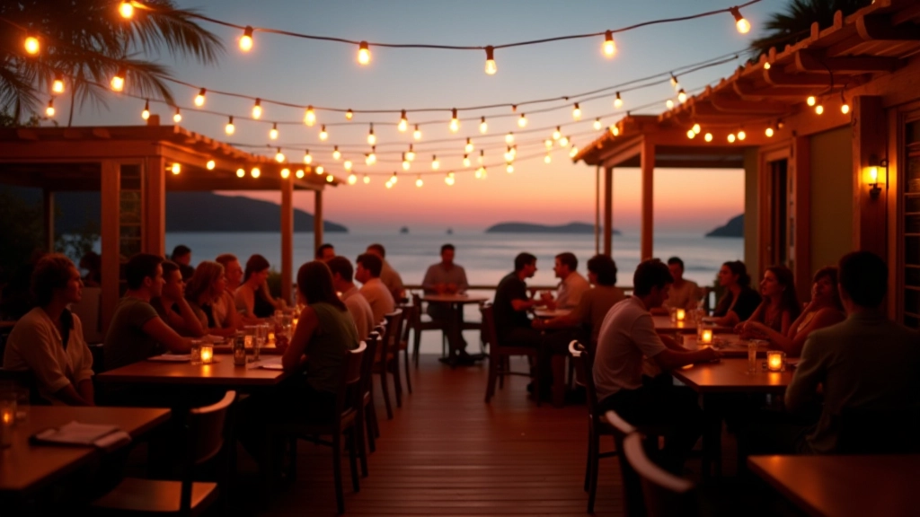 Seaside terrace venue with string lights and tables for bachata dancers to rest between songs