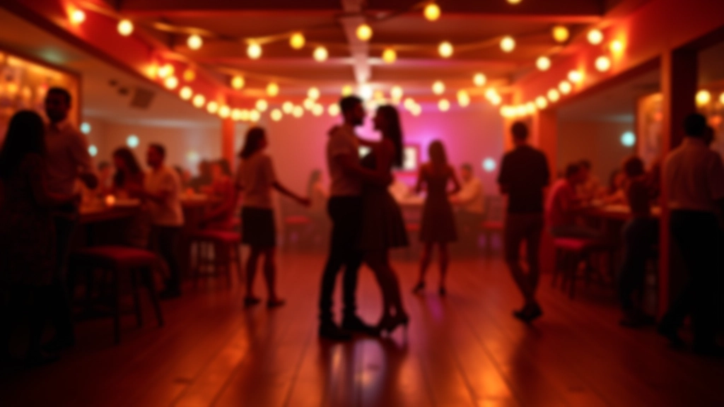 Interior of a lively salsa club with string lights and wooden dance floor