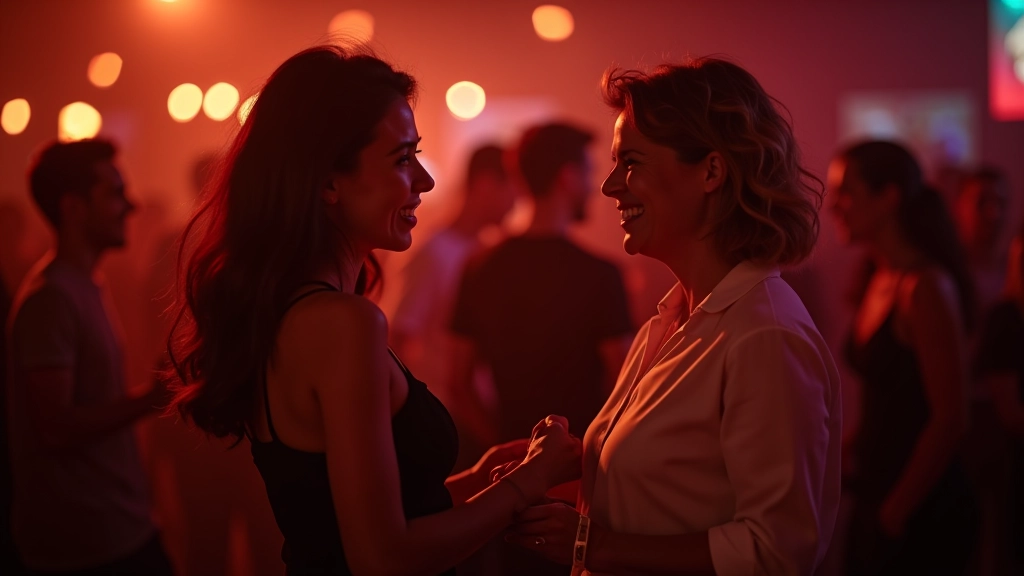 Group of salsa dancers socializing and laughing at a dance event venue