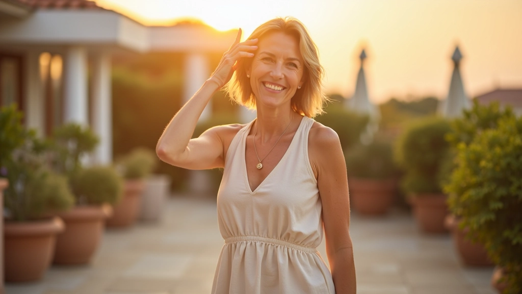 Woman in light summer clothing with dance shoes, standing on a sunny terrace